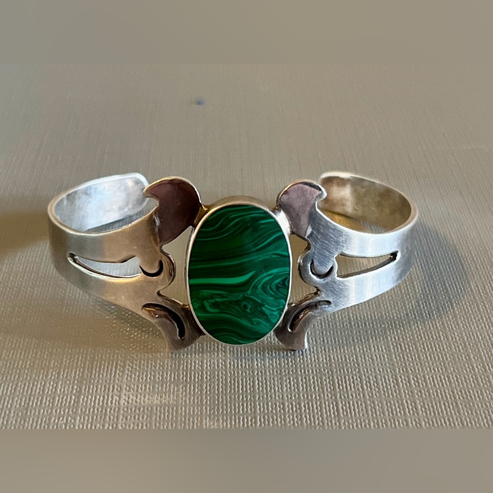 Sterling Silver Cuff Bracelet with Green Malachite Stone